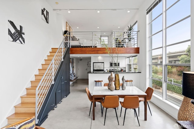 dining area featuring a towering ceiling