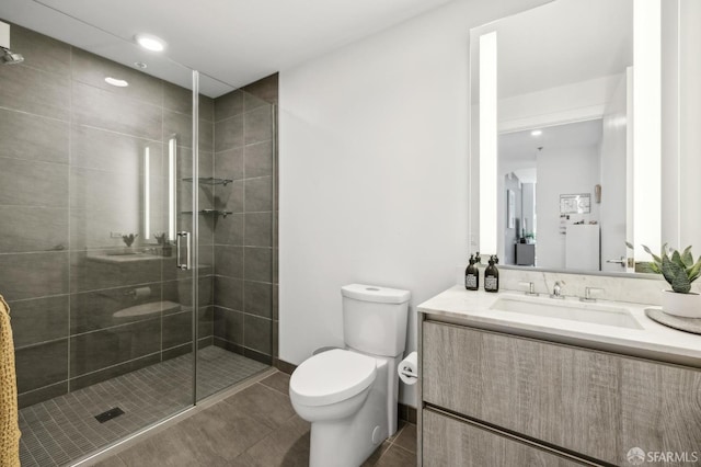 338 Main St Unit 6E, San Francisco, CA 94105 - bathroom with a shower stall, toilet, tile patterned floors, vanity, and recessed lighting