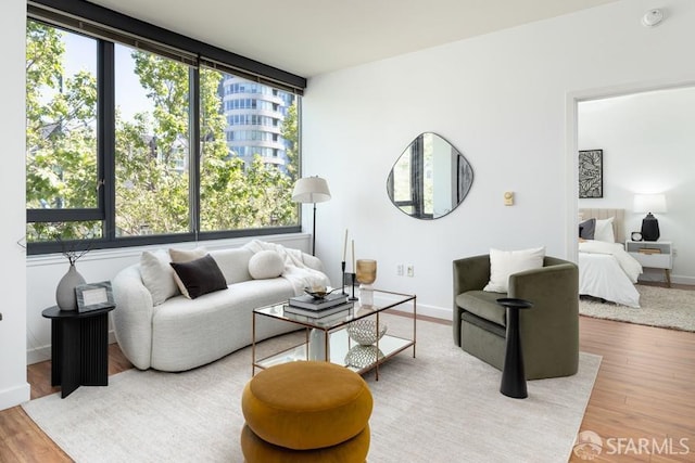 living area with plenty of natural light, wood finished floors, and baseboards