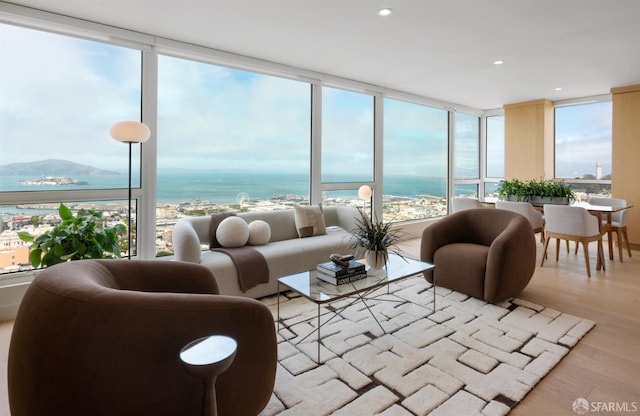1070 Green St Unit 801, San Francisco, CA 94133 - living area featuring wood finished floors, a water view, and recessed lighting