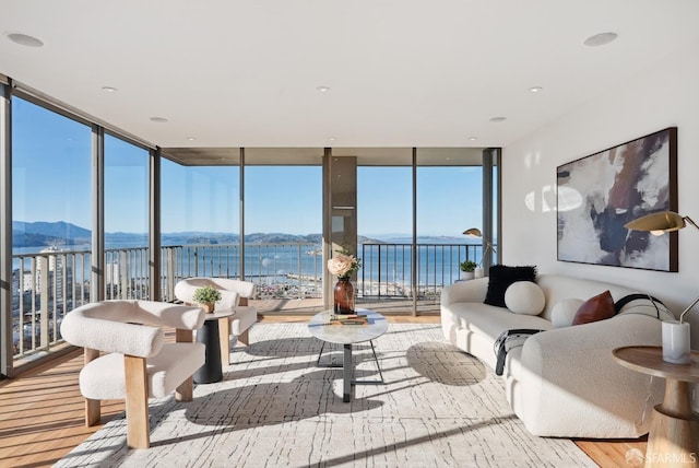 living room featuring expansive windows, a mountain view, and wood finished floors