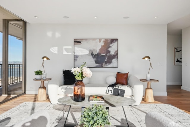 living area with baseboards, wood finished floors, and floor to ceiling windows