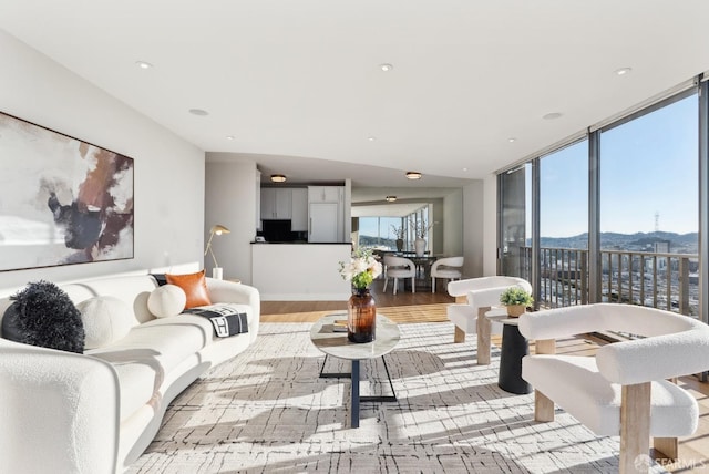 living room with light wood finished floors, a wall of windows, and recessed lighting