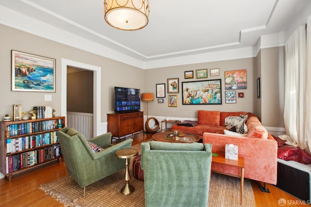 living room featuring hardwood / wood-style floors and a raised ceiling