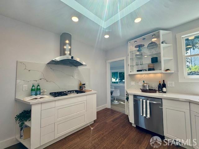 672 Prentiss St, San Francisco, CA 94110 - kitchen with range hood, dishwasher, open shelves, gas stovetop, and dark wood-type flooring