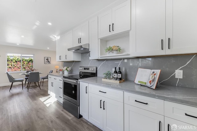 kitchen with backsplash, white cabinets, stainless steel range with electric cooktop, and dark wood-type flooring