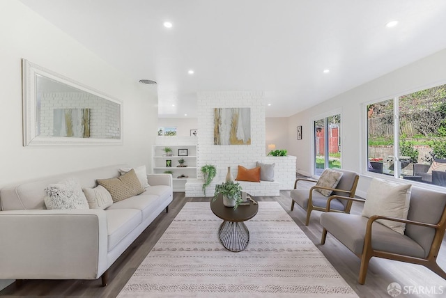 living room with dark hardwood / wood-style floors