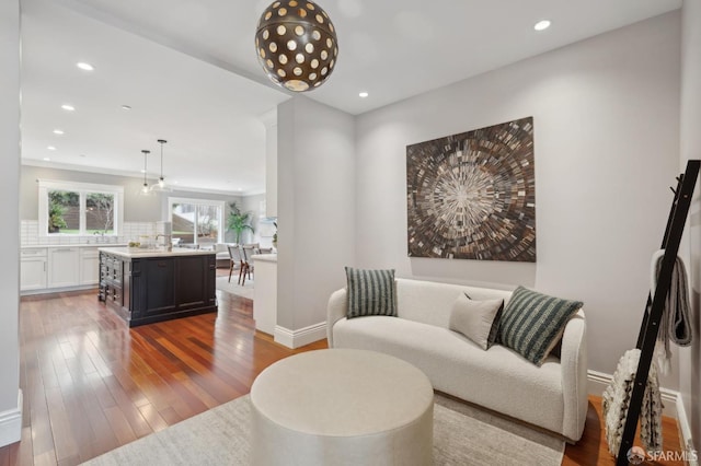 living room featuring sink and hardwood / wood-style floors