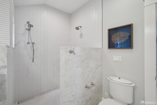 bathroom with vaulted ceiling, a tile shower, and toilet