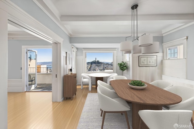 dining space with light hardwood / wood-style flooring, a healthy amount of sunlight, and ornamental molding