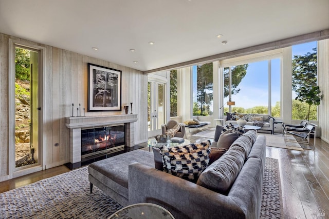 83 Mount Tiburon Rd, Tiburon, CA 94920 - living room featuring hardwood / wood-style floors, a glass covered fireplace, and recessed lighting
