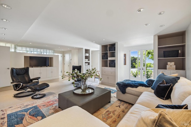 83 Mount Tiburon Rd, Tiburon, CA 94920 - living area featuring built in shelves, french doors, recessed lighting, and carpet