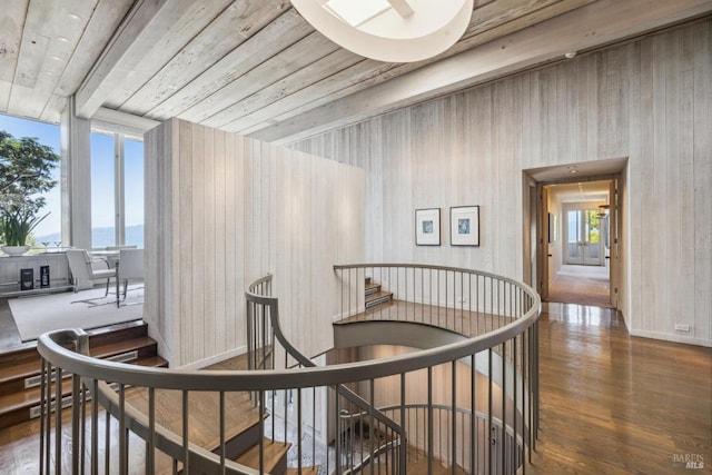 83 Mount Tiburon Rd, Tiburon, CA 94920 - hallway with an upstairs landing, wood finished floors, and wooden ceiling