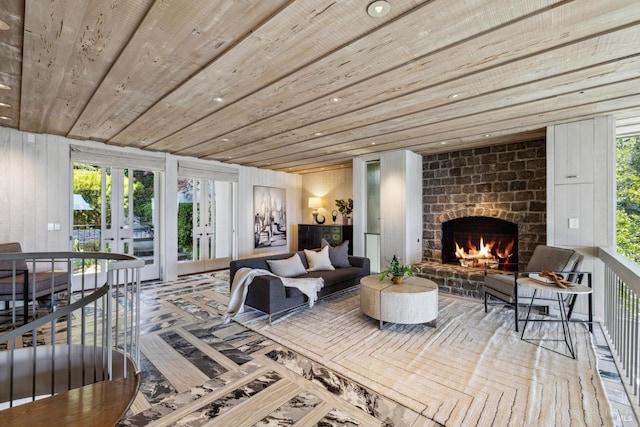 83 Mount Tiburon Rd, Tiburon, CA 94920 - living room with french doors, wooden ceiling, and a fireplace