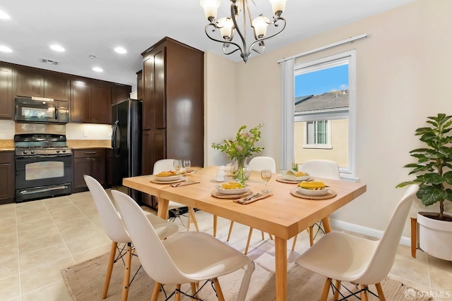 dining room with recessed lighting, visible vents, an inviting chandelier, light tile patterned flooring, and baseboards