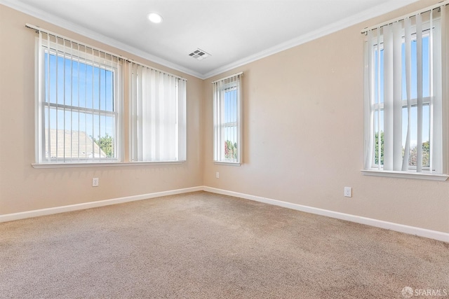 carpeted spare room featuring plenty of natural light, visible vents, crown molding, and baseboards