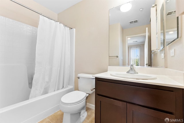 bathroom featuring visible vents, toilet, shower / tub combo with curtain, tile patterned floors, and vanity