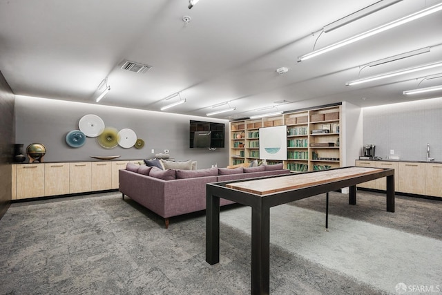 recreation room with carpet floors and sink