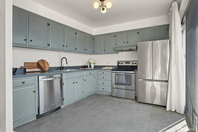 kitchen with appliances with stainless steel finishes, a sink, dark countertops, finished concrete flooring, and under cabinet range hood