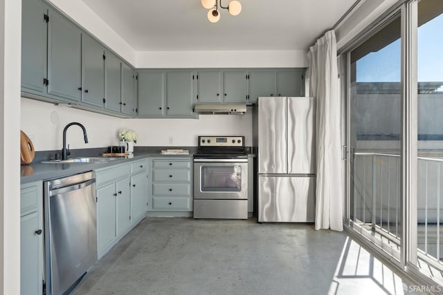kitchen featuring stainless steel appliances, a sink, finished concrete floors, ventilation hood, and dark countertops
