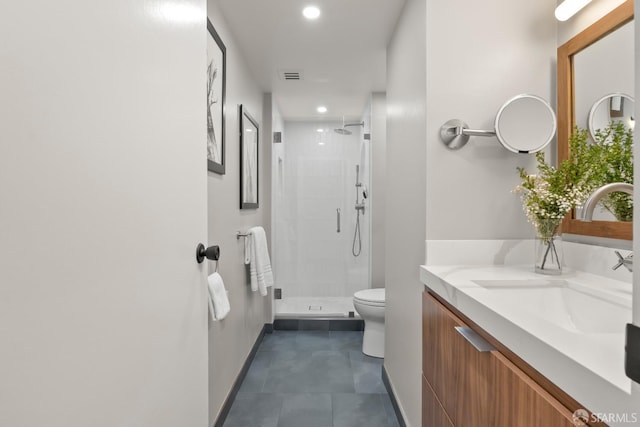 full bathroom with a shower stall, baseboards, vanity, toilet, and recessed lighting