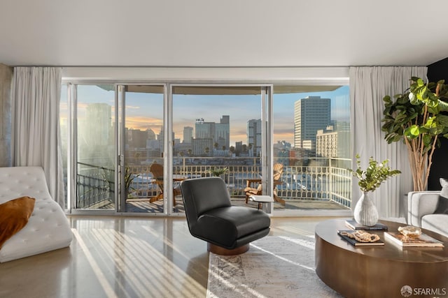 bedroom featuring a skyline view, access to exterior, and multiple windows