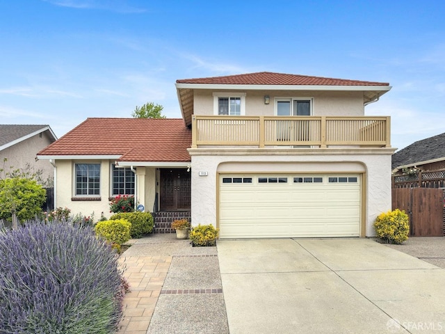 1113 Pebblewood Way, San Mateo, CA 94403 - traditional home featuring stucco siding, fence, a garage, a balcony, and concrete driveway