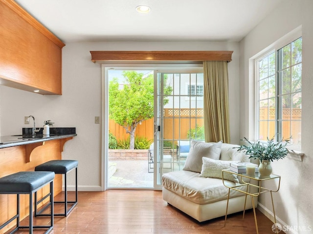 1113 Pebblewood Way, San Mateo, CA 94403 - doorway to outside featuring light wood finished floors, recessed lighting, a sink, and baseboards