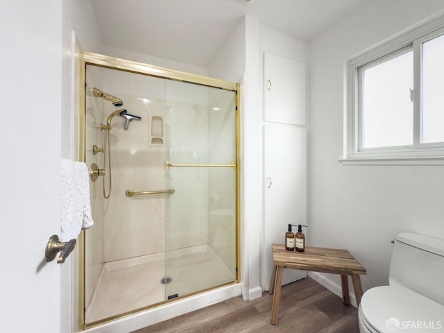 1113 Pebblewood Way, San Mateo, CA 94403 - full bathroom featuring wood finished floors, toilet, a shower stall, and baseboards