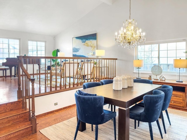 1113 Pebblewood Way, San Mateo, CA 94403 - dining area featuring a chandelier, high vaulted ceiling, and light wood finished floors