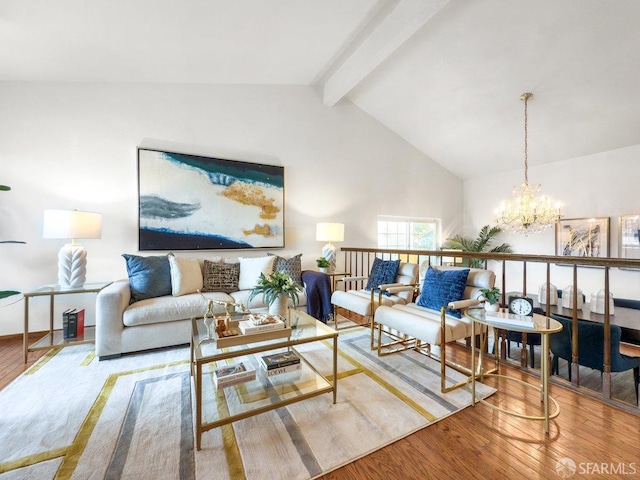 1113 Pebblewood Way, San Mateo, CA 94403 - living area featuring a chandelier, high vaulted ceiling, wood finished floors, and beamed ceiling