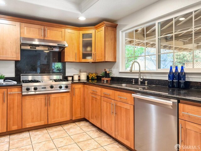 1113 Pebblewood Way, San Mateo, CA 94403 - kitchen featuring recessed lighting, range hood, a sink, a healthy amount of sunlight, and appliances with stainless steel finishes