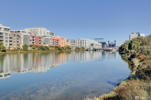 view of water feature with a city view