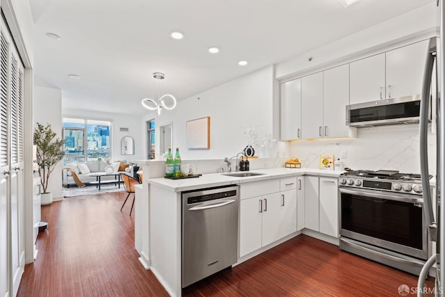 kitchen featuring dark wood finished floors, open floor plan, light countertops, stainless steel appliances, and a sink