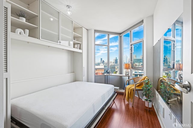 bedroom featuring a city view and dark wood finished floors