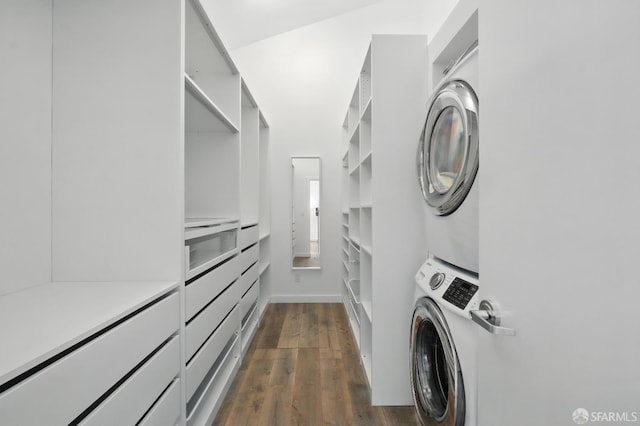 206 Donohoe St, East Palo Alto, CA 94303 - laundry room with stacked washer / dryer and dark wood-style floors