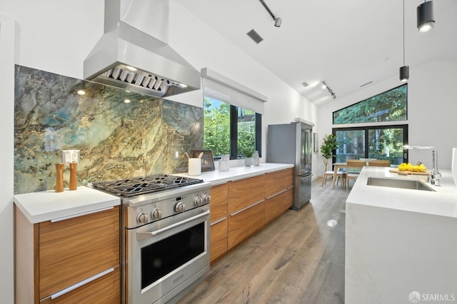 206 Donohoe St, East Palo Alto, CA 94303 - kitchen featuring exhaust hood, stainless steel appliances, modern cabinets, wood finished floors, and brown cabinetry