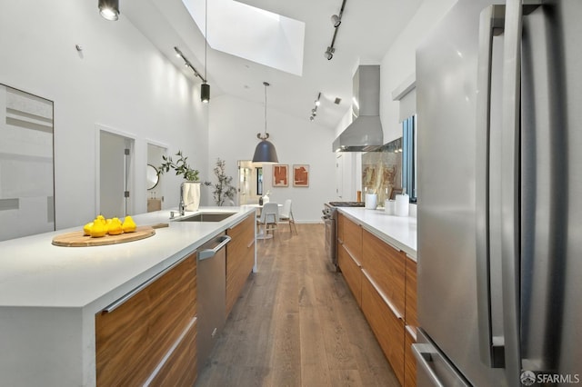 206 Donohoe St, East Palo Alto, CA 94303 - kitchen with modern cabinets, appliances with stainless steel finishes, wall chimney exhaust hood, brown cabinets, and a skylight