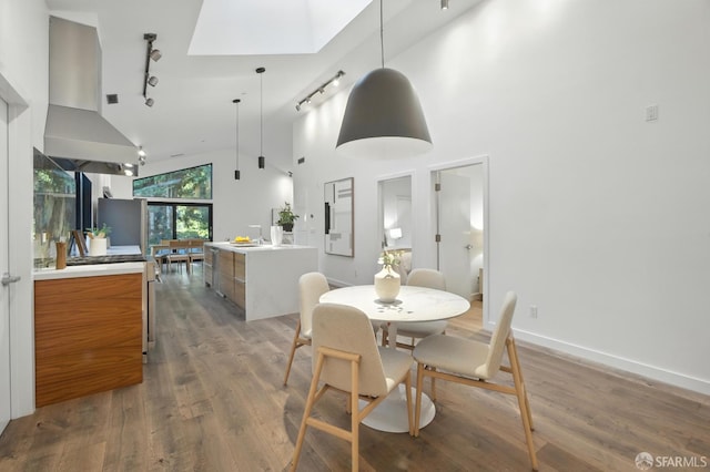 206 Donohoe St, East Palo Alto, CA 94303 - dining room with track lighting, high vaulted ceiling, and wood finished floors