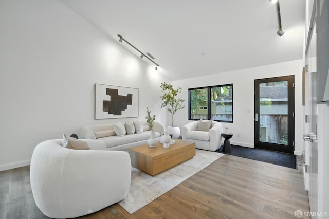 206 Donohoe St, East Palo Alto, CA 94303 - living room with rail lighting, wood finished floors, and lofted ceiling