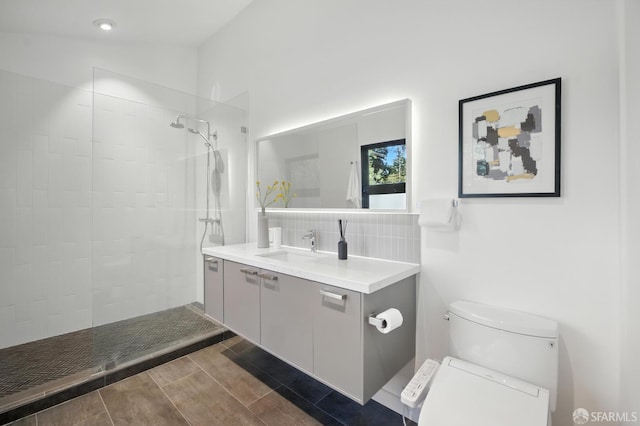 206 Donohoe St, East Palo Alto, CA 94303 - full bathroom with vanity, tasteful backsplash, walk in shower, and wood finished floors