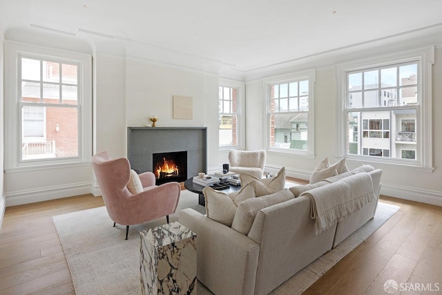living room featuring a lit fireplace, wood-type flooring, baseboards, and ornamental molding