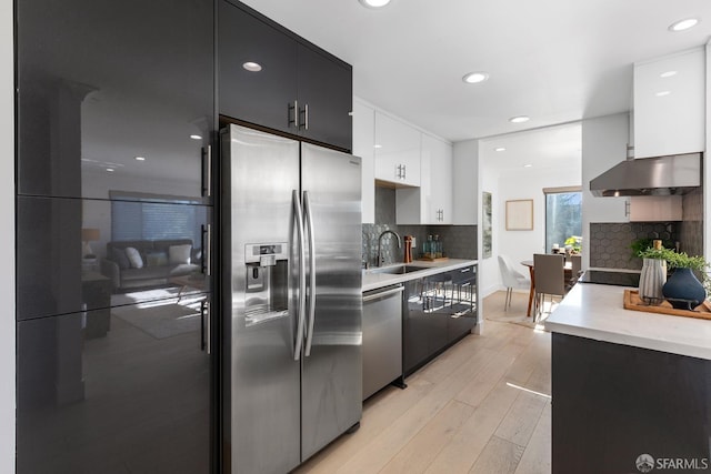 kitchen featuring white cabinets, sink, decorative backsplash, stainless steel appliances, and extractor fan