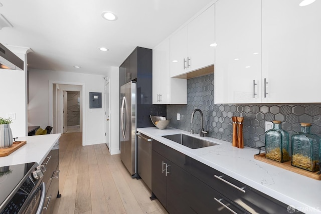 kitchen with sink, stainless steel appliances, light stone counters, electric panel, and white cabinets