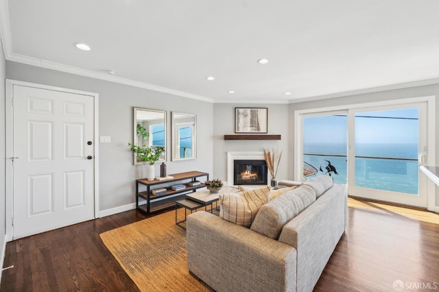 living area with baseboards, ornamental molding, wood finished floors, recessed lighting, and a glass covered fireplace