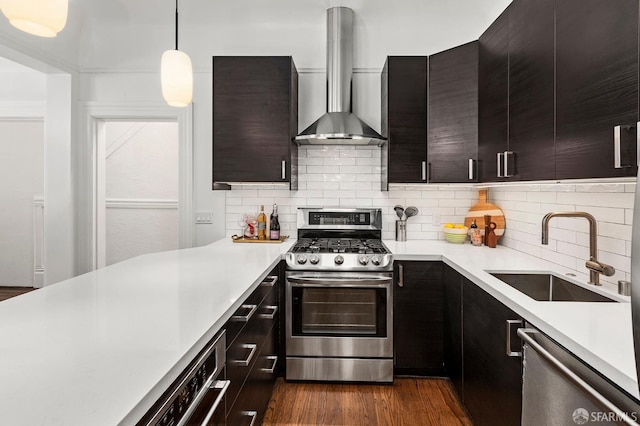 213 Virginia Ave, San Francisco, CA 94110 - kitchen with stainless steel appliances, wall chimney exhaust hood, a sink, light countertops, and backsplash