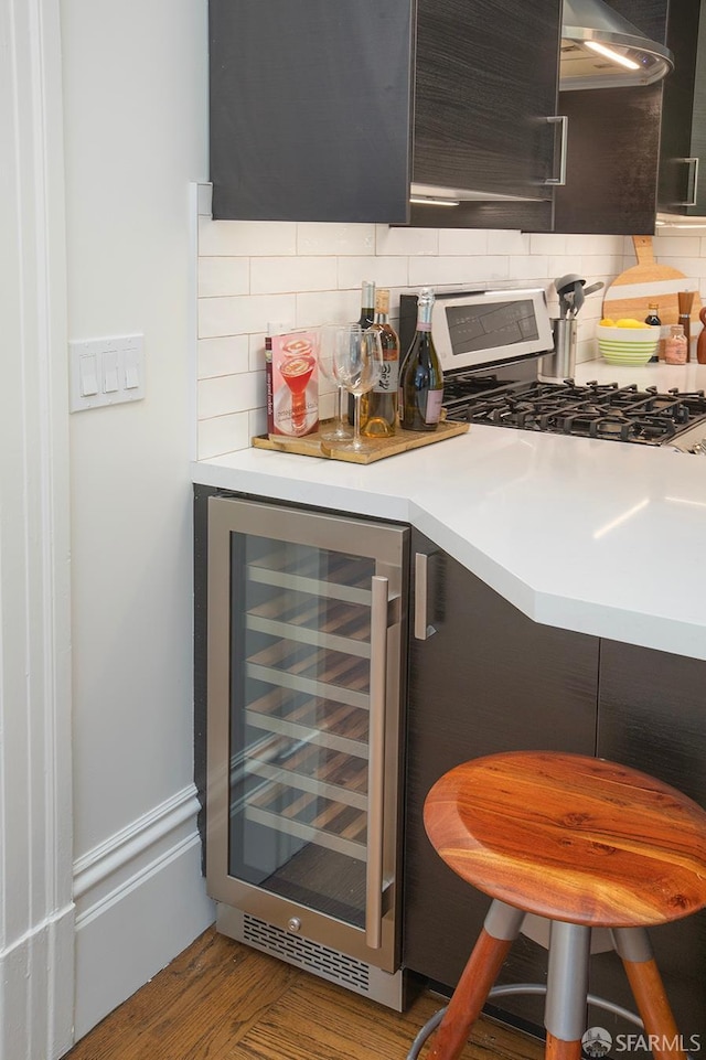 213 Virginia Ave, San Francisco, CA 94110 - indoor dry bar featuring wine cooler, backsplash, and wood finished floors