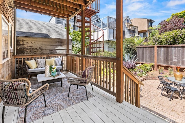 213 Virginia Ave, San Francisco, CA 94110 - wooden deck with outdoor lounge area, stairs, a fenced backyard, a patio area, and outdoor dining space