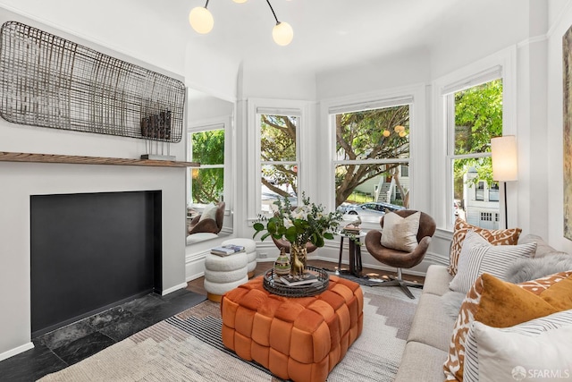 213 Virginia Ave, San Francisco, CA 94110 - living room featuring a fireplace with flush hearth, stone finish floors, and baseboards