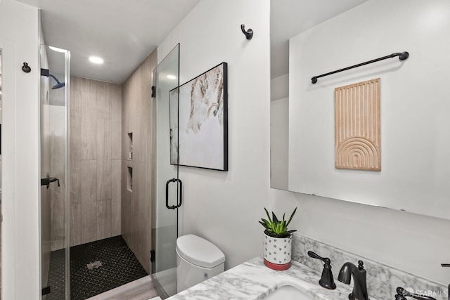 213 Virginia Ave, San Francisco, CA 94110 - bathroom with a shower stall, toilet, vanity, and recessed lighting